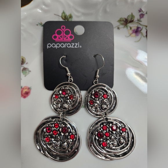 paparazzi Jewelry - Paparazzi Silver Earrings with Red Accents